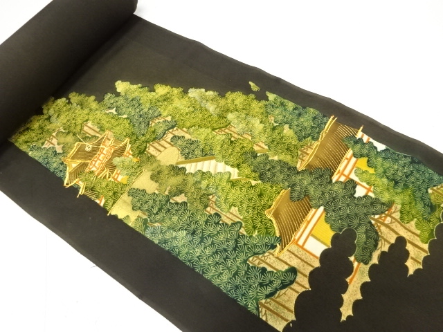 JAPANESE KIMONO / ANTIQUE ARAIHARI FOR TOMESODE / SILK / EMBROIDERY / TEMPLE